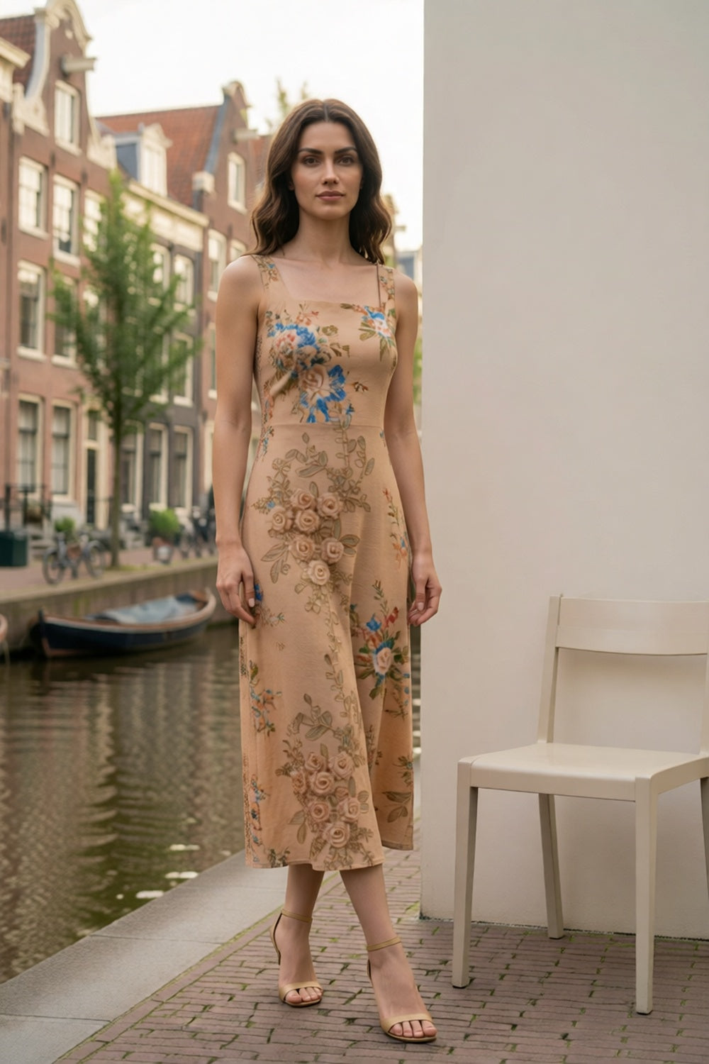 Khaki Multi-Tone Vintage Rose Floral Print Square Neck Thin Spaghetti Strap Satin Midi Slip Dress