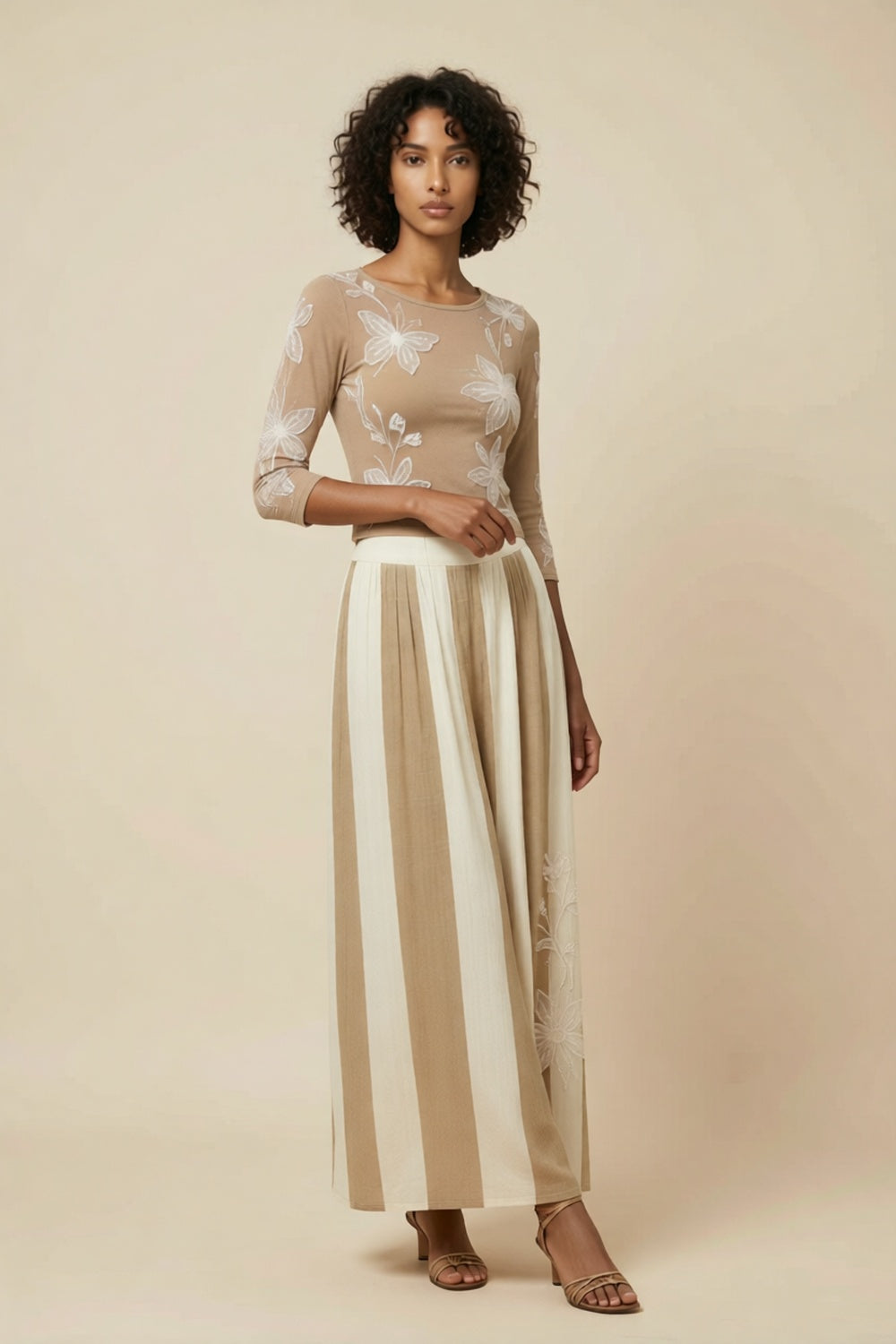 Khaki Round Neck 3/4 Sleeve Floral Top Striped Wide Leg Pants Two-Piece Set