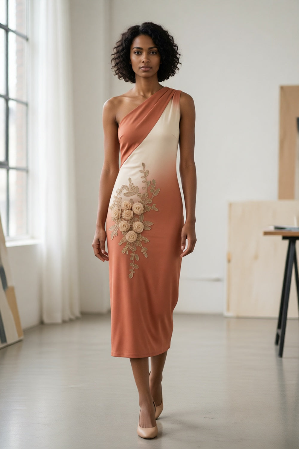 Terracotta Beige Ombre Gradient Asymmetrical One Shoulder 3D Rose Floral Applique Slim Bodycon Midi Dress