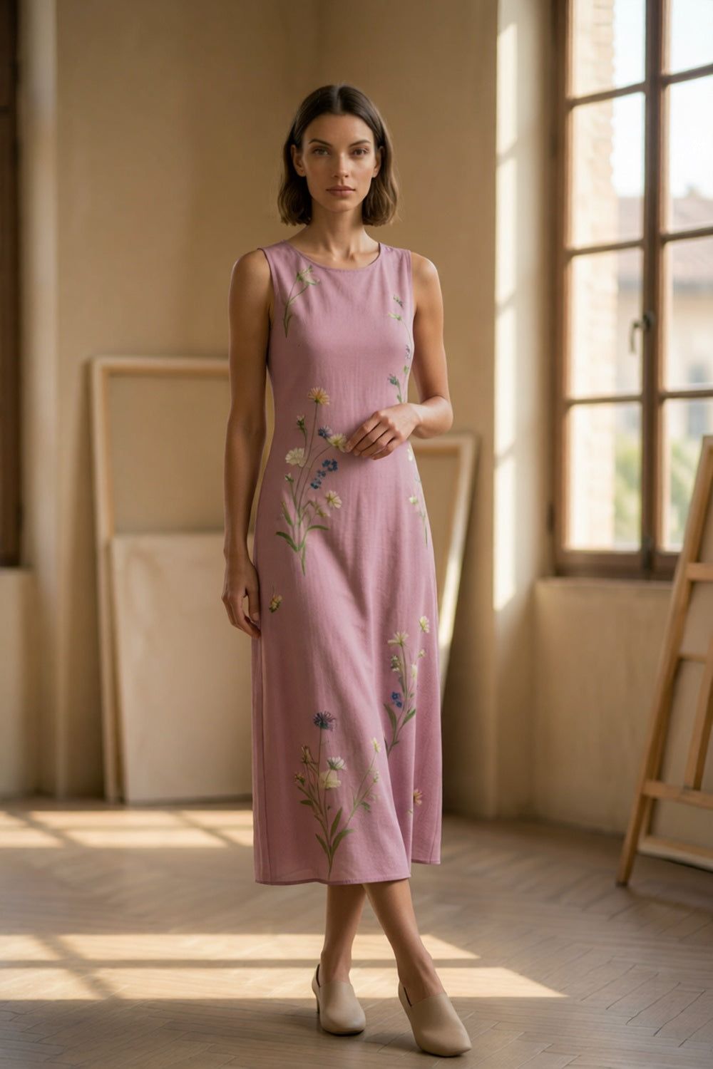 Dusty Pink Crew Neck Sleeveless Vertical Wildflower Print Slim Straight Midi Dress