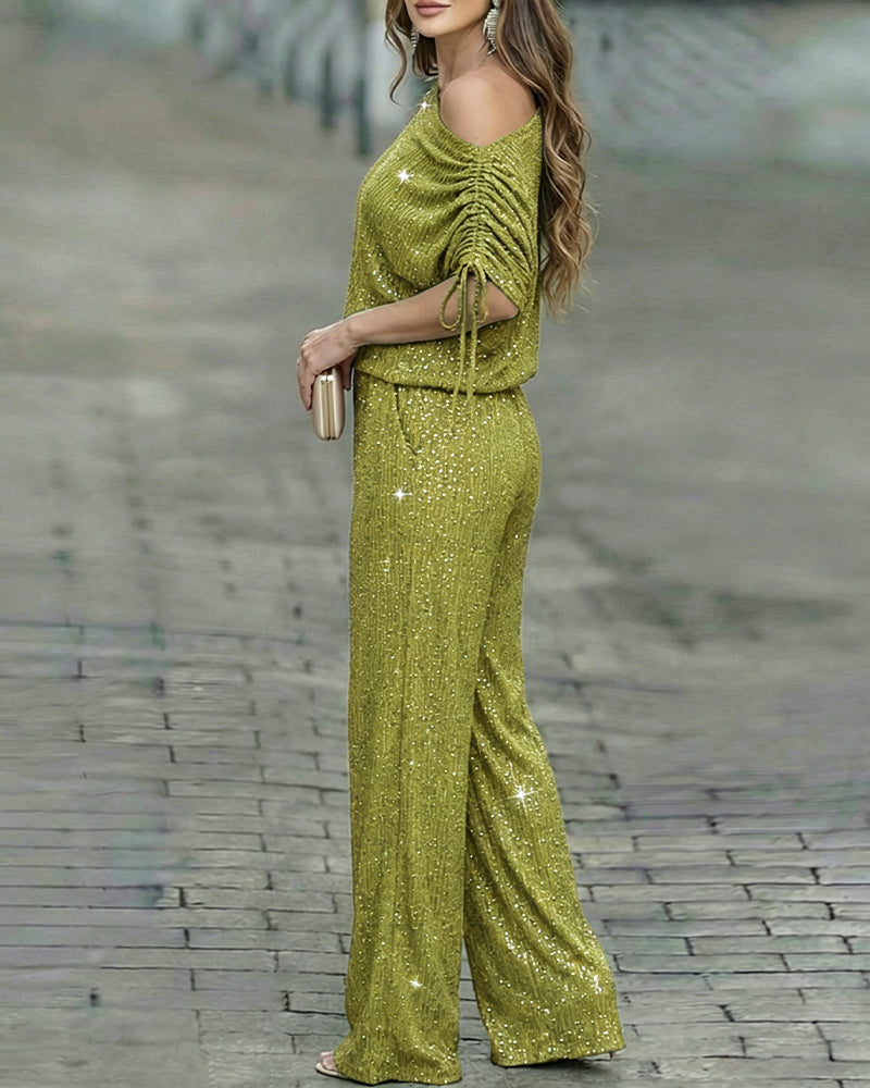 Women's Two-Piece Rhinestone Lounge Suit Skew Neck Top and Wide-Leg Pant Set Elegant Commuter Outfit with Pockets