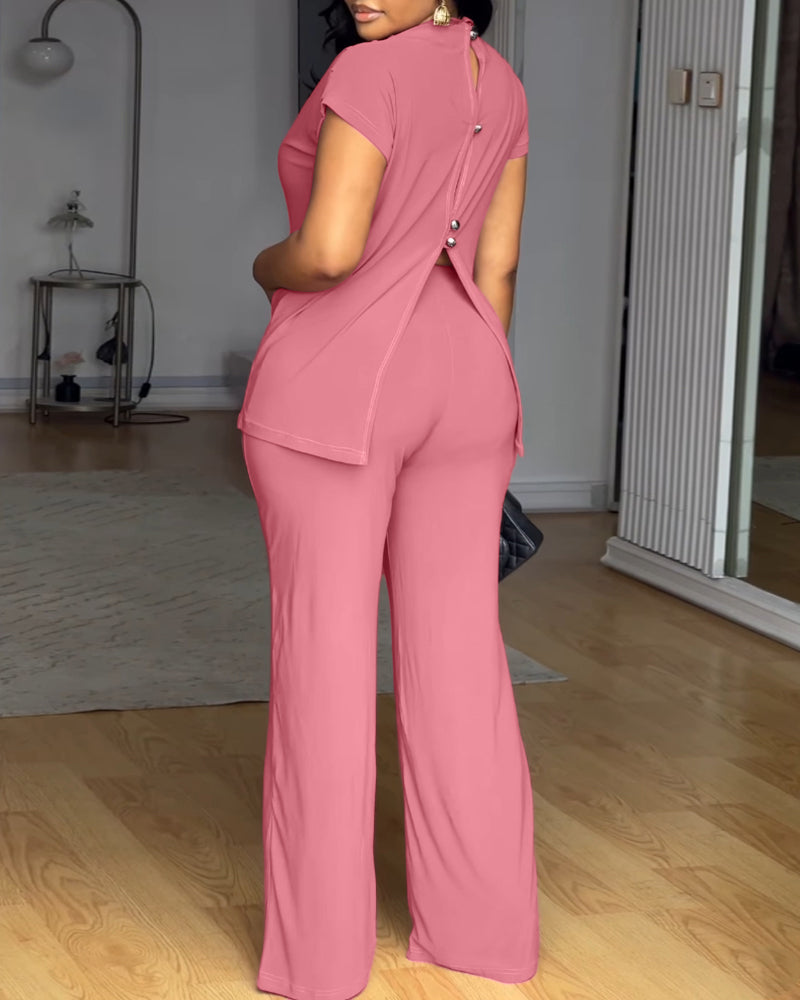 Women's 2 Piece Set Mock Neck Ruched Open Back Button Slit Top and Wide Leg Pants Casual Outfits with Pockets