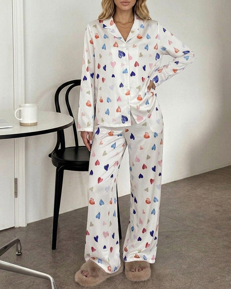 Women's Colorful Heart Print 2 Piece Pajama Set Long Sleeve Button Down Top and High Waisted Pants Casual Lounge Sets