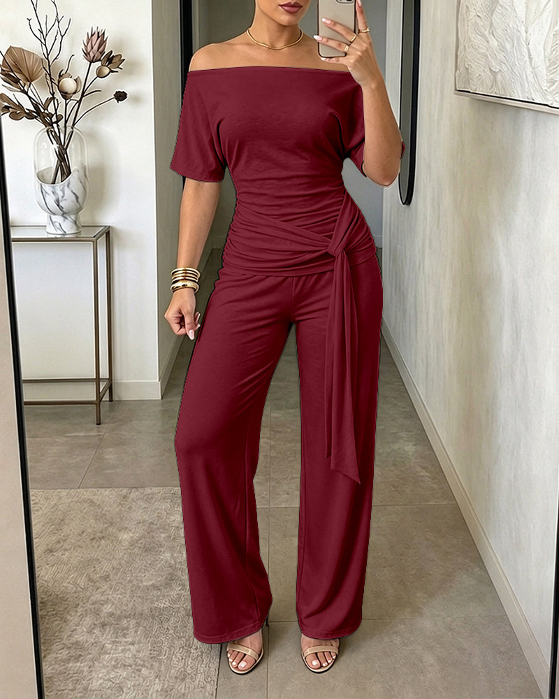 Women's Skew Neck 2 Piece Outfits Ruched Tie Waist Short Sleeve Top and High Waisted Wide Leg Pants Lounge Set