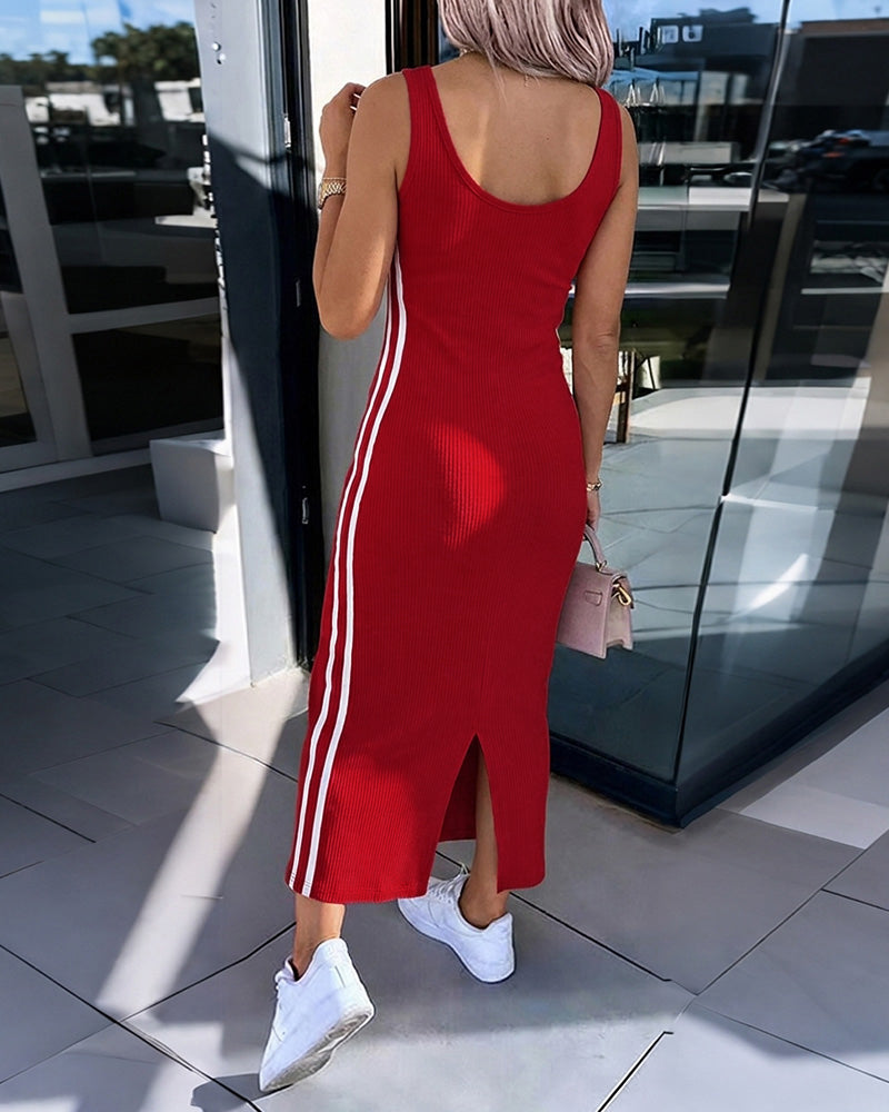 Women's Side Stripe Ribbed Maxi Dress U-Neck Sleeveless Bodycon Dress Backless Slit Tank Dress