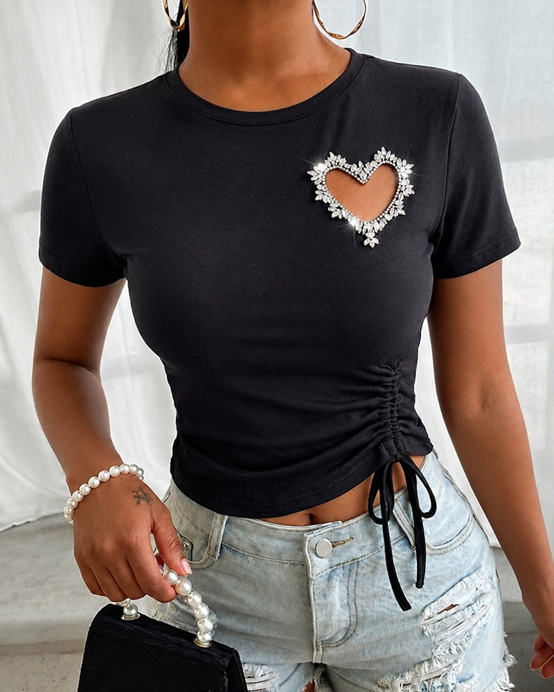 Women's Heart Cutout Rhinestone T-Shirt Short Sleeve Side Drawstring Ruched Top Slim Fit Sparkly Party Tee