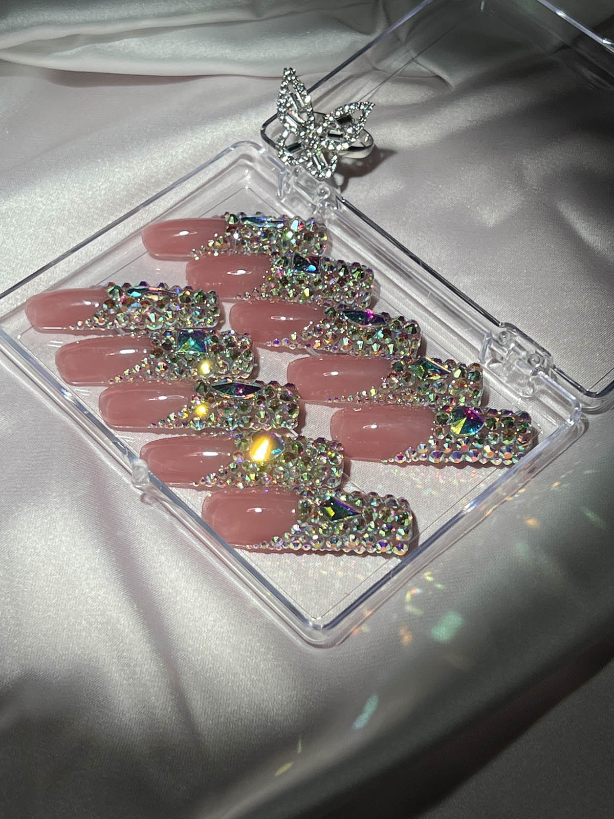PINK CRYSTAL COFFIN HANDMADE PRESS ON NAILS