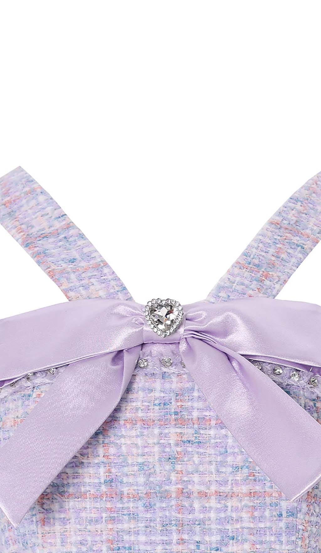 RHINESTONE BOWTIE TWEED MINI DRESS IN PURPLE DRESS STYLE OF CB