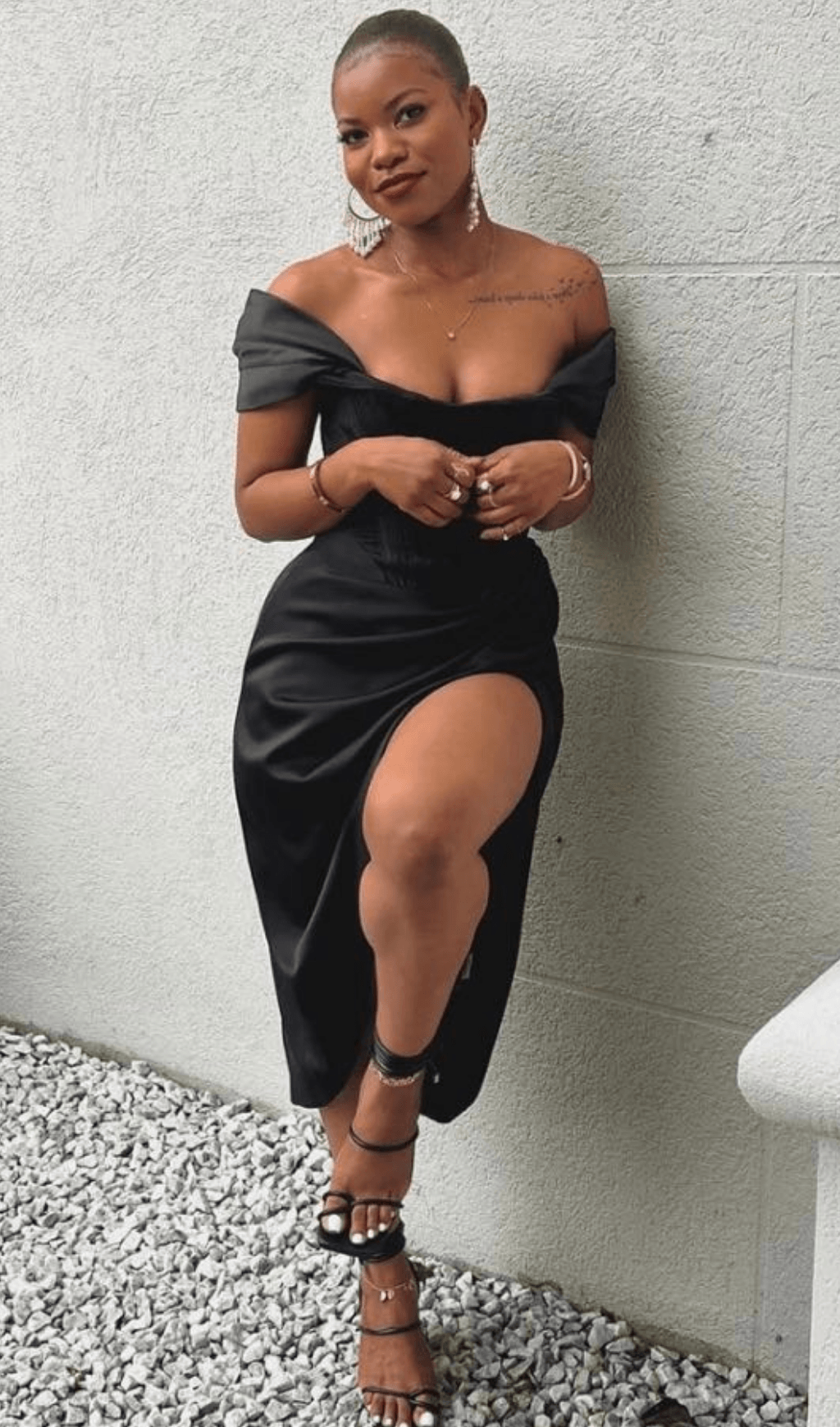 SATIN OFF SHOULDER MIDI DRESS IN BLACK styleofcb