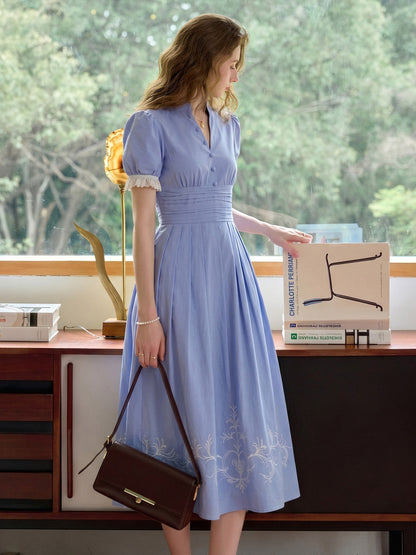 Ocean V-Neck Puff Sleeves 100% Cotton Dress