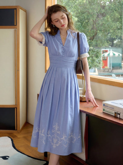 Ocean V-Neck Puff Sleeves 100% Cotton Dress