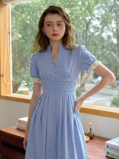 Ocean V-Neck Puff Sleeves 100% Cotton Dress