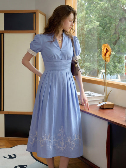Ocean V-Neck Puff Sleeves 100% Cotton Dress