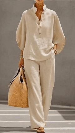 Women’s Batwing Sleeve Linen Cotton Two-Piece Set – Casual Shirt & Wide Leg Pants Outfit