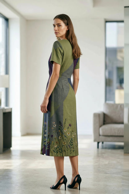 Linen Cotton Midi Dress with Abstract Color Block Design & Botanical Floral Hem