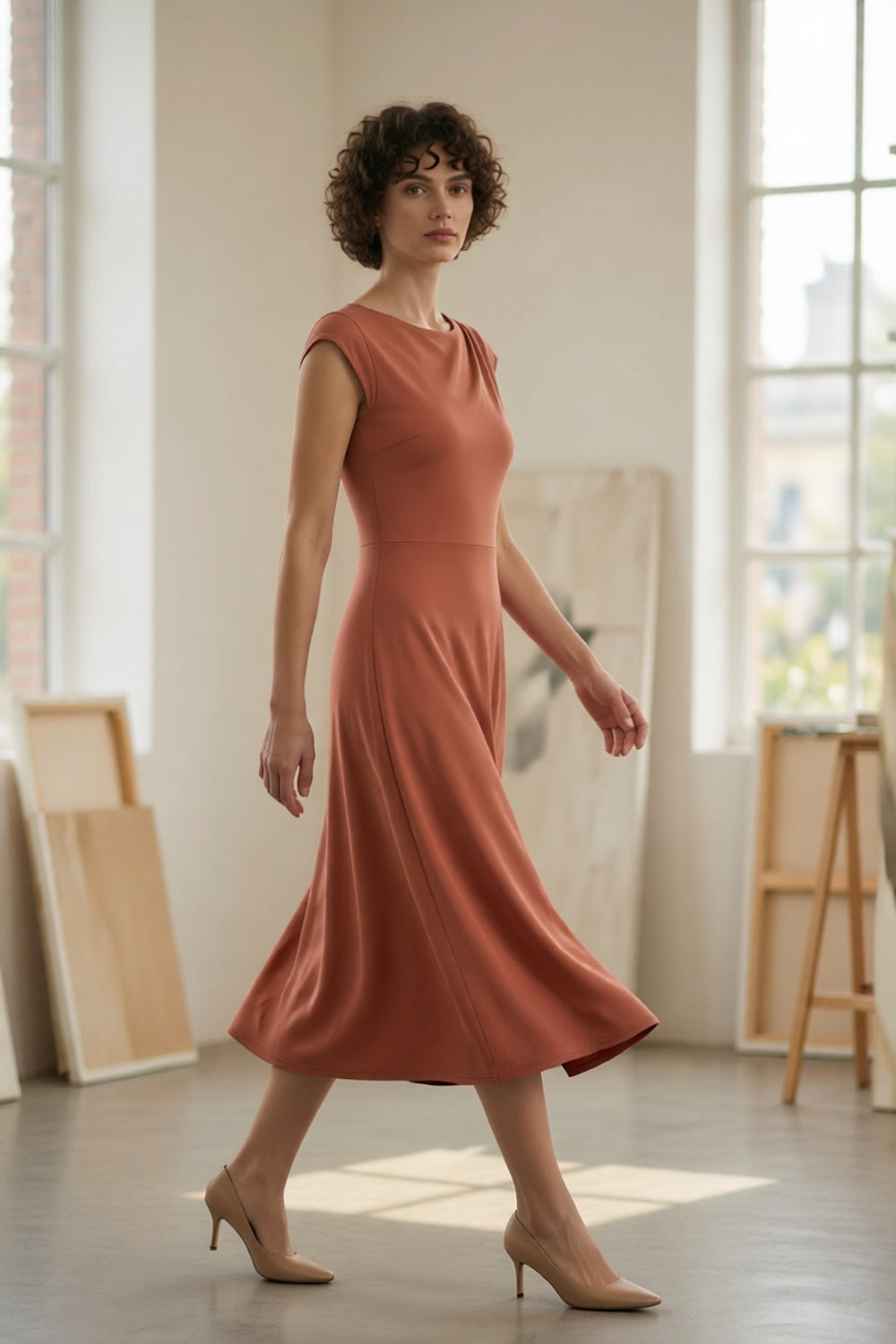Terracotta Cowl Draped Boat Neck Cap Sleeve Slim Waist Flowy A-Line Midi Dress