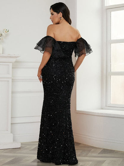 Off Shoulder Black Sequin Prom Dress