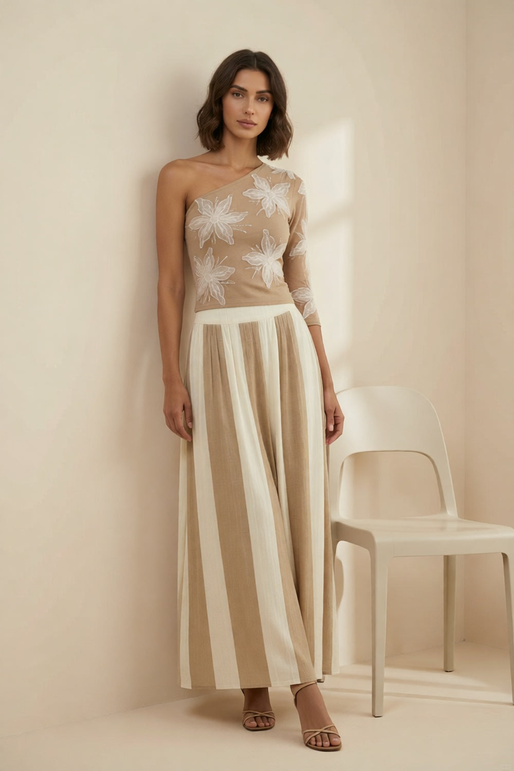 Khaki One Shoulder 3D Floral Top Striped Wide Leg Pants Two-Piece Set