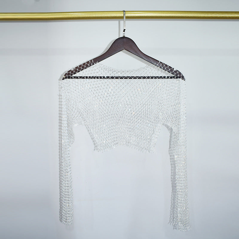 BLING LONG SLEEVE NET CROP TOP