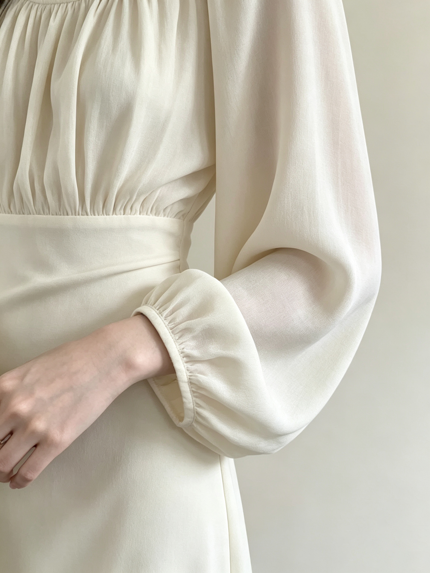Square Neck Puff Long Sleeve High Waist Eco Recycled Cotton Dress - White
