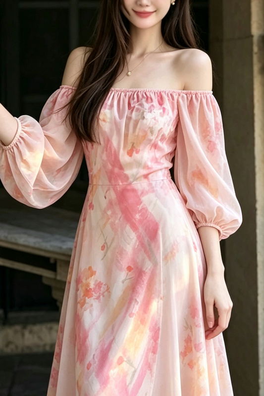 Square Neck Puff Long Sleeve High Waist Eco Recycled Cotton Dress - Pink