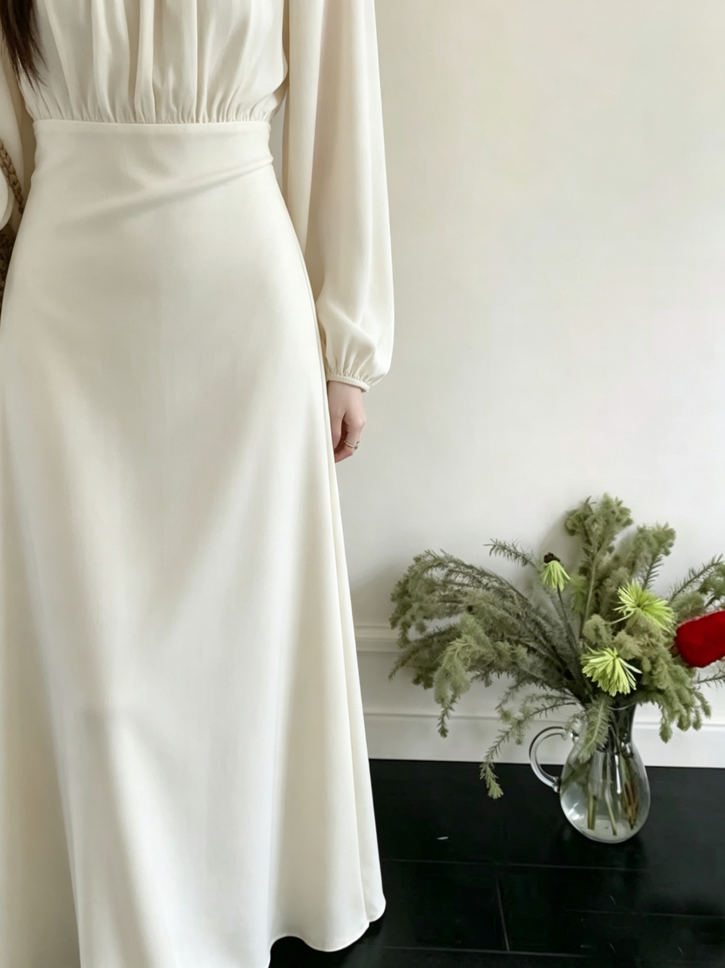 Square Neck Puff Long Sleeve High Waist Eco Recycled Cotton Dress - White