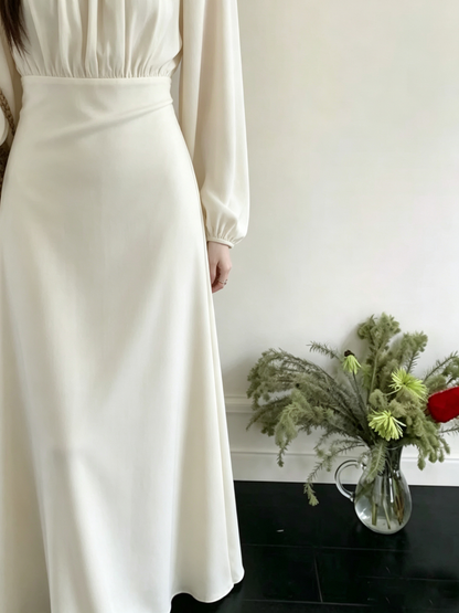 Square Neck Puff Long Sleeve High Waist Eco Recycled Cotton Dress - White