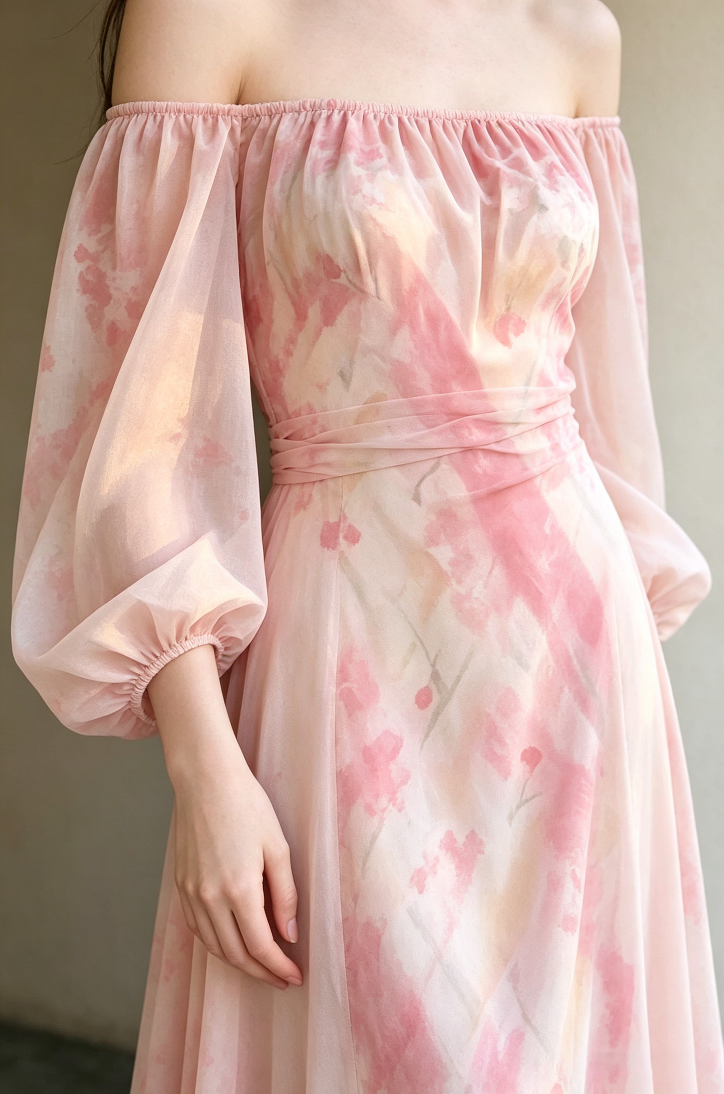 Square Neck Puff Long Sleeve High Waist Eco Recycled Cotton Dress - Pink