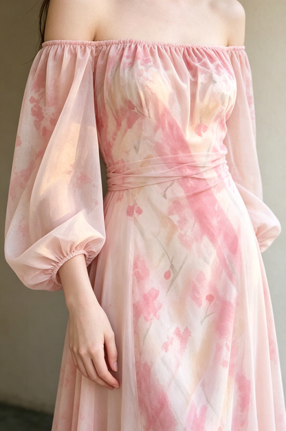 Square Neck Puff Long Sleeve High Waist Eco Recycled Cotton Dress - Pink