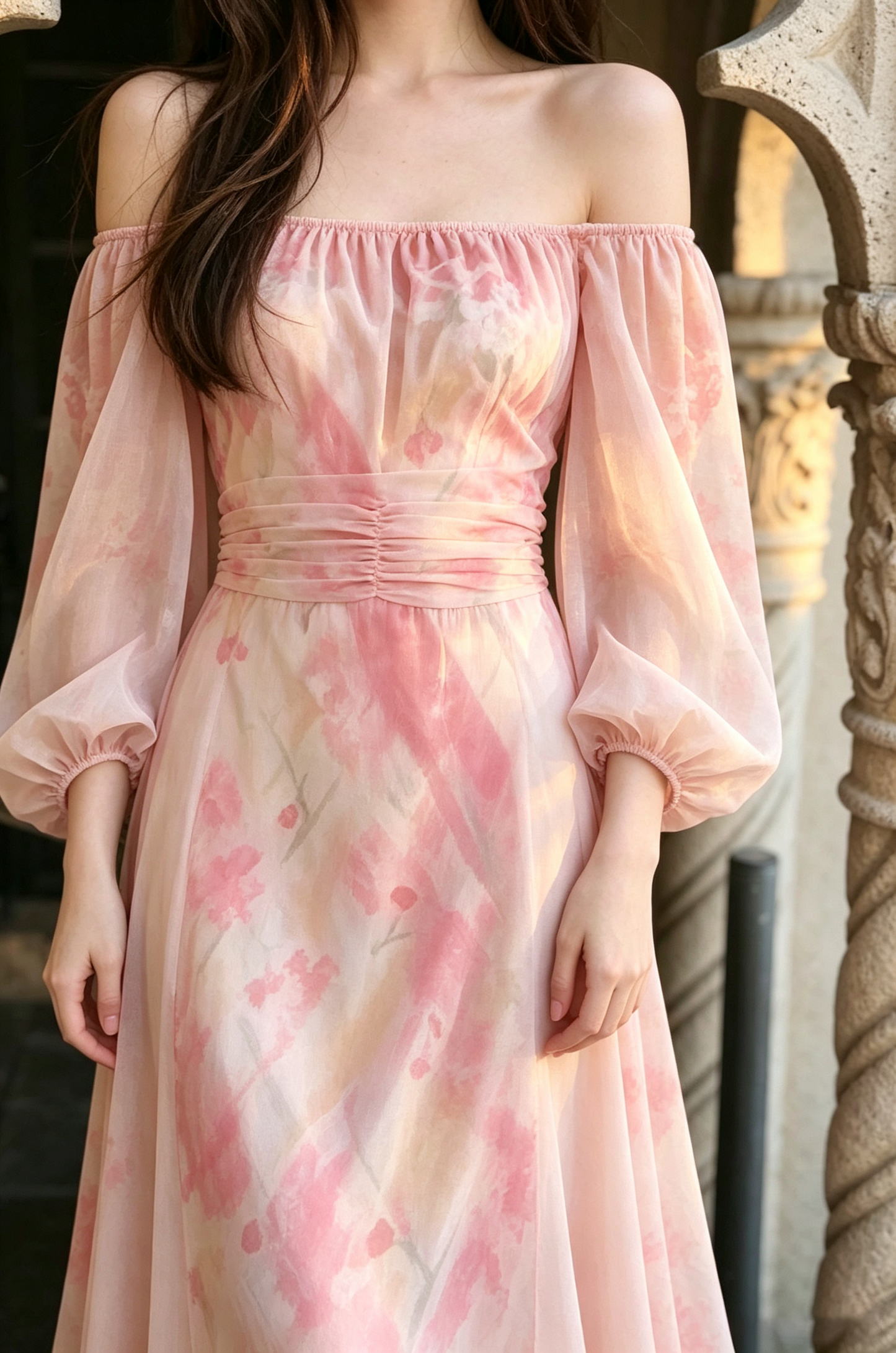 Square Neck Puff Long Sleeve High Waist Eco Recycled Cotton Dress - Pink