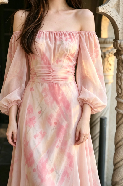 Square Neck Puff Long Sleeve High Waist Eco Recycled Cotton Dress - Pink
