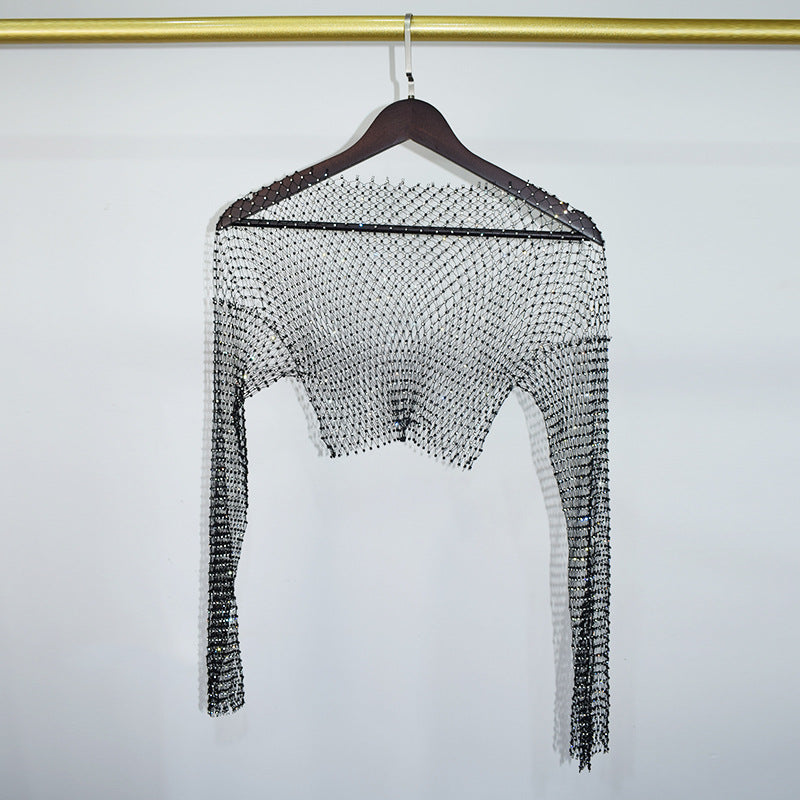 BLING LONG SLEEVE NET CROP TOP