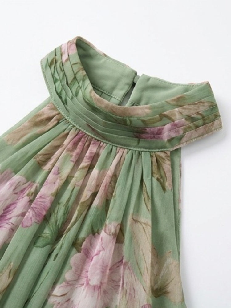 polly Green Floral Chiffon Halter Maxi Dress