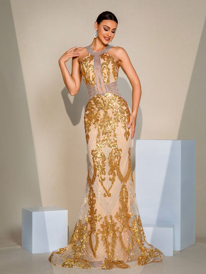 Halter Backless Gold Sequin Mermaid Dress