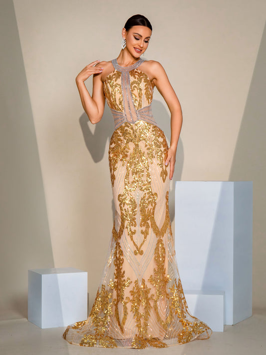 Halter Backless Gold Sequin Mermaid Dress
