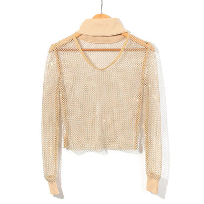 BLING RHINESTONE FISHNET TURTLENECK TOP