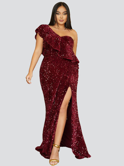 Plus Size Flounces High Slit Maxi Sequin Dress