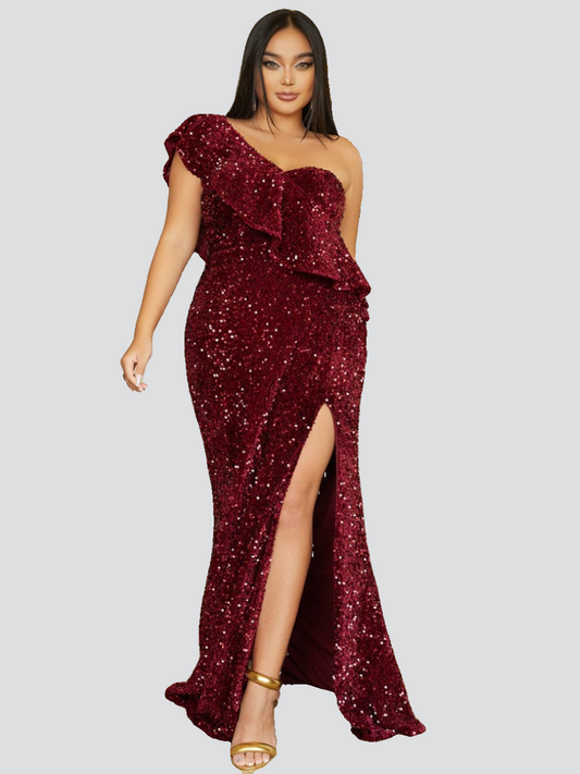 Plus Size Flounces High Slit Maxi Sequin Dress