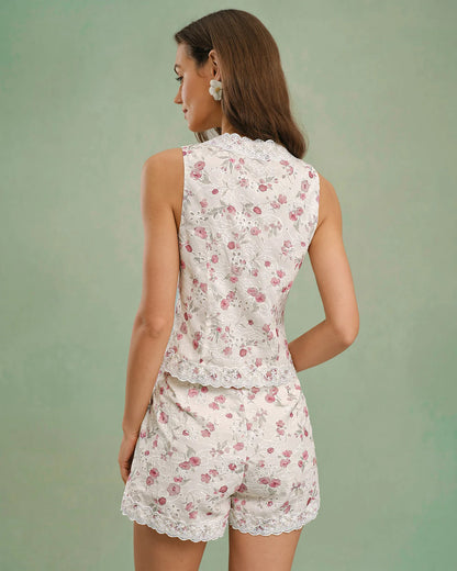 Hollow floral print ves & shorts two-piece set