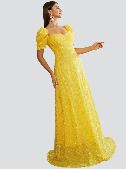 Light Yellow Puff Sleeve Sequin Maxi Dress