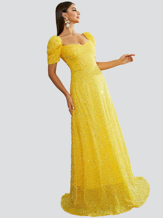 Light Yellow Puff Sleeve Sequin Maxi Dress