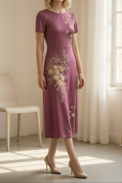 Dusty Purple Round Neck Short Sleeve Asymmetrical 3D Cream Rose Floral Embroidery Slim Flared Midi Dress