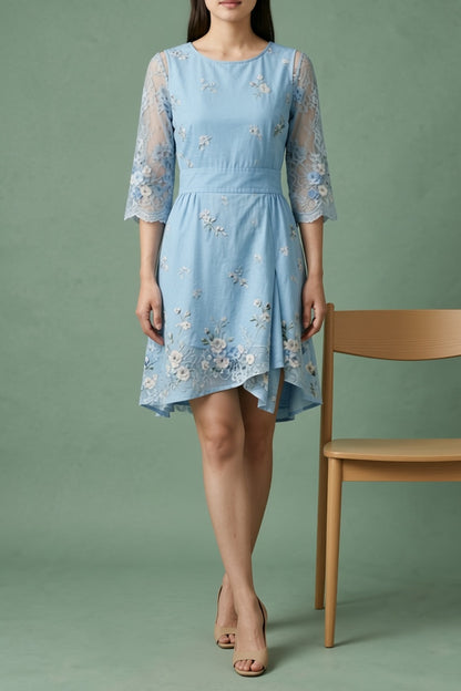 Light Blue Floral Embroidered Dress with Lace Sleeves warm sand breathable viscose crepe or linen blend Two-Piece Set - product view 5