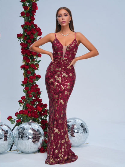 Spaghetti Straps Red Floral Sequin Dress
