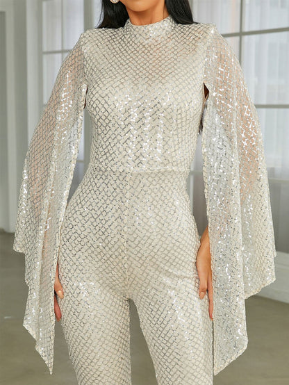 Stand Collar Cape Sleeve Sequin Jumpsuits