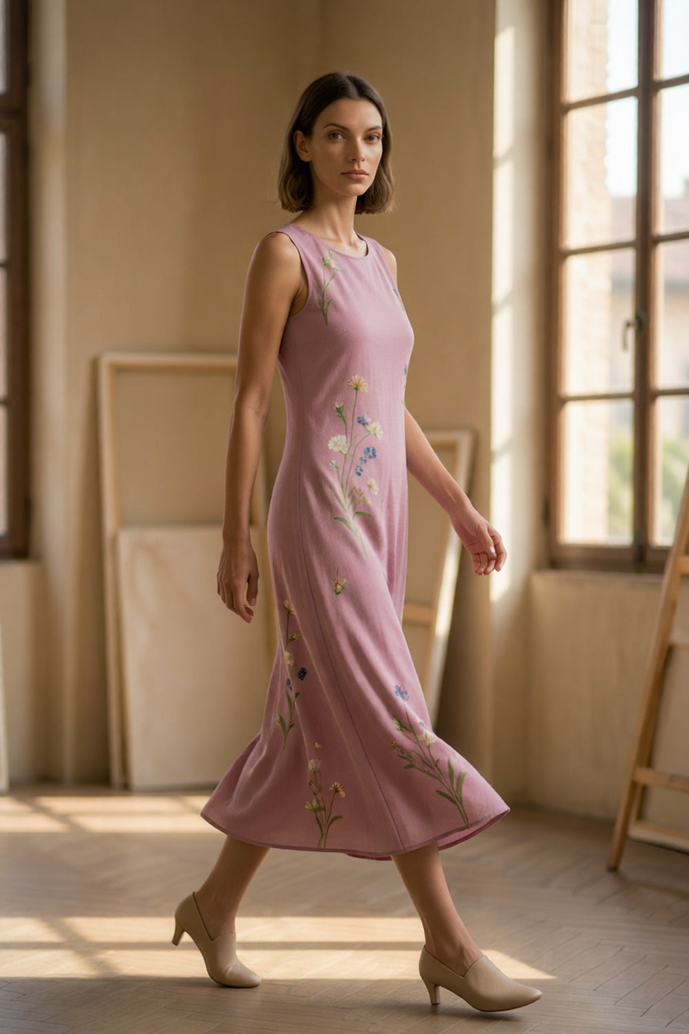Dusty Pink Crew Neck Sleeveless Vertical Wildflower Print Slim Straight Midi Dress