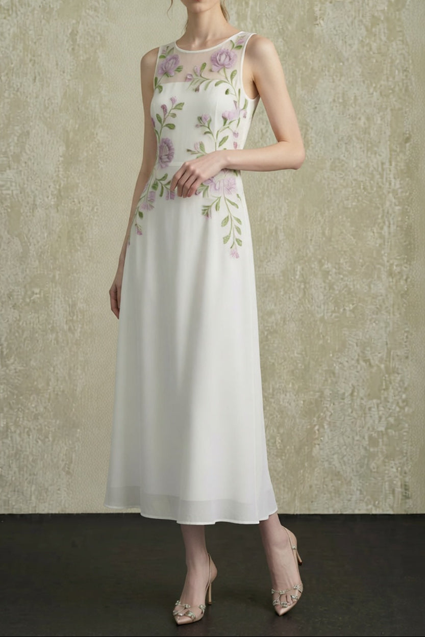 White Sleeveless Round Neck Sheer Mesh Bust Panel Handmade Purple Rose Floral Embroidery Flowy A-Line Midi Dress