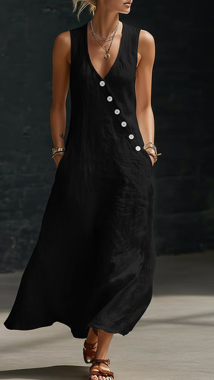 Linen-Texture V-Neck Sleeveless Maxi Dress