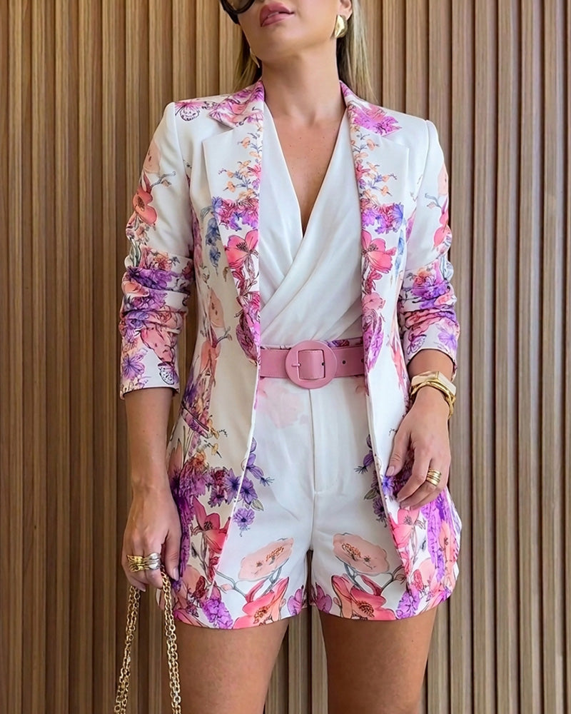 Women's Floral Blazer & Shorts Set Elegant Single-Breasted Coat and High-Waisted Shorts with Belt