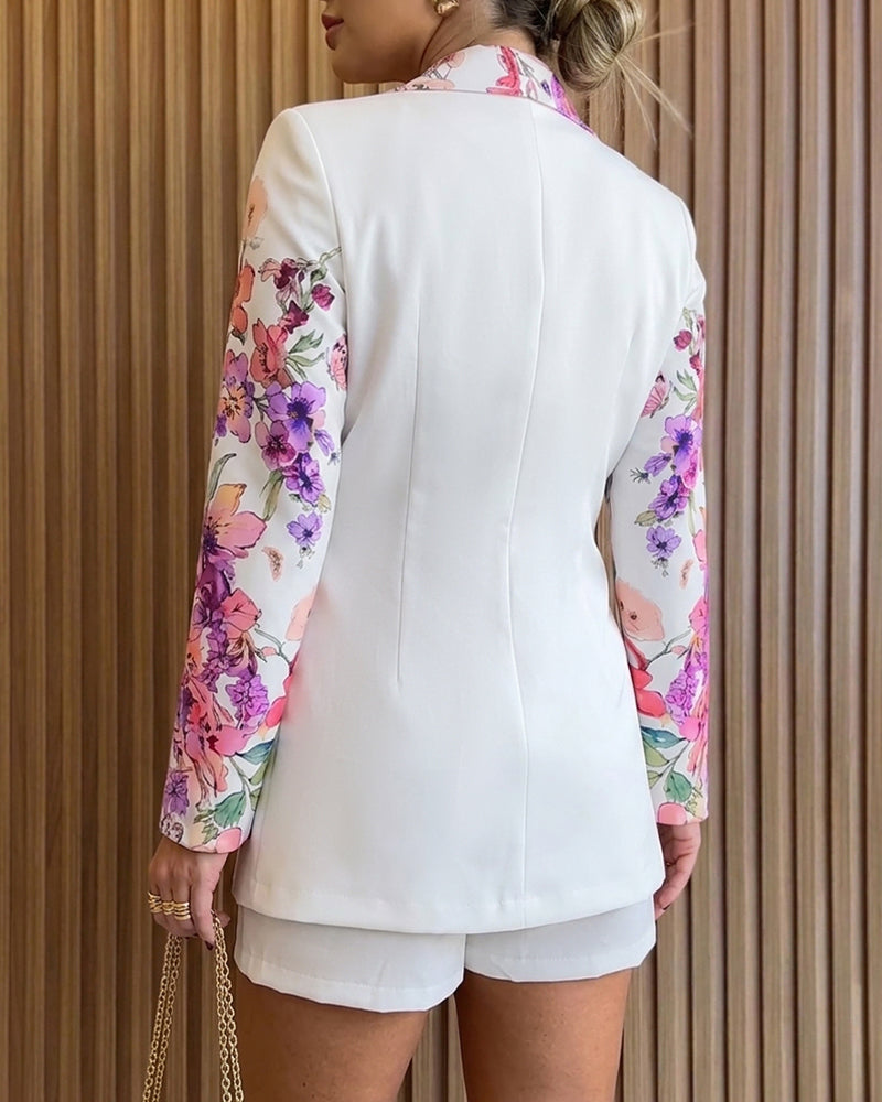 Women's Floral Blazer & Shorts Set Elegant Single-Breasted Coat and High-Waisted Shorts with Belt